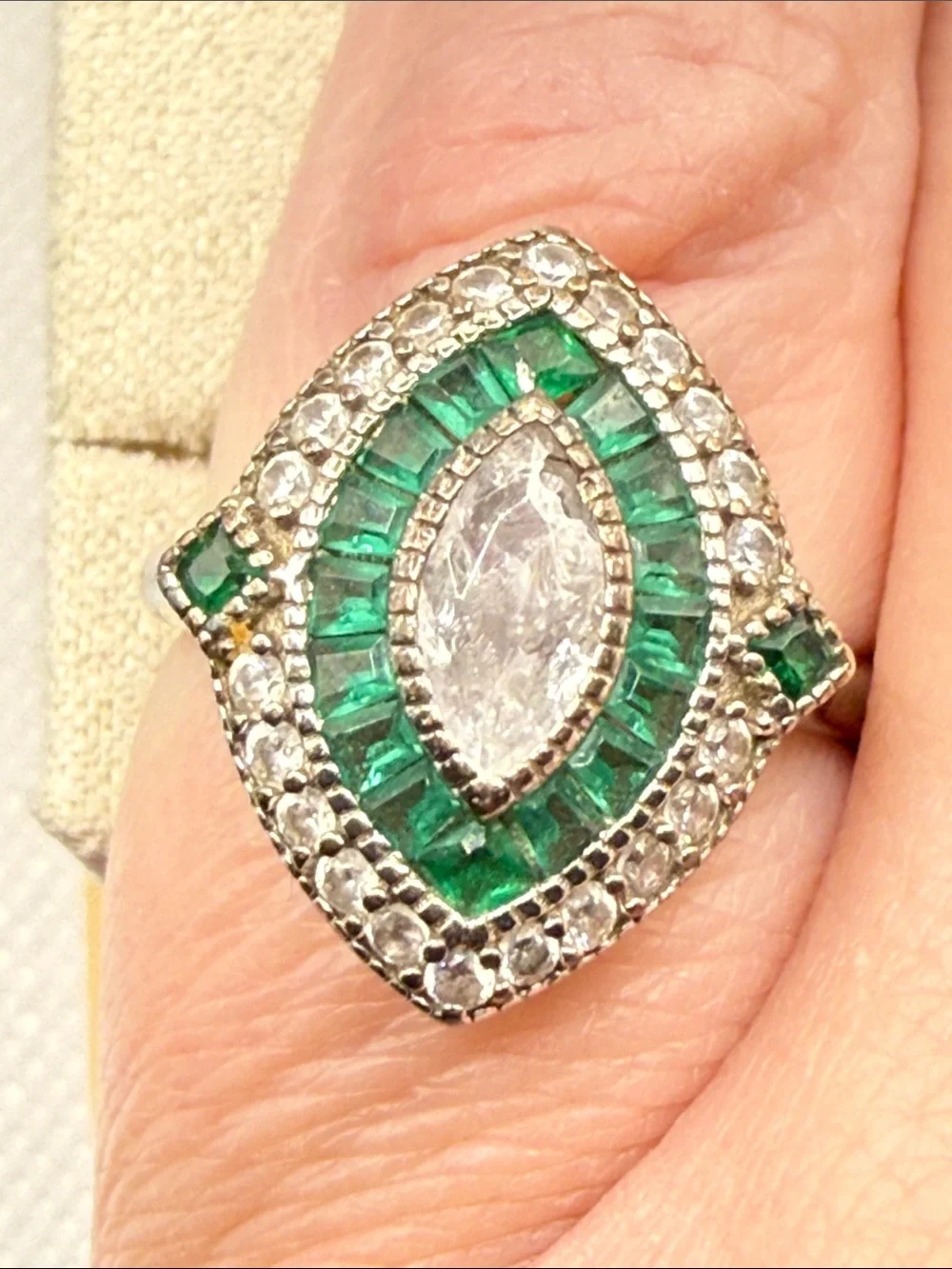Emerald color Halo Marquise Ring Green & White art deco Statement 925 stamp Sz 5